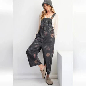 Easel Black Denim Washed Floral Overall Jumpsuit New